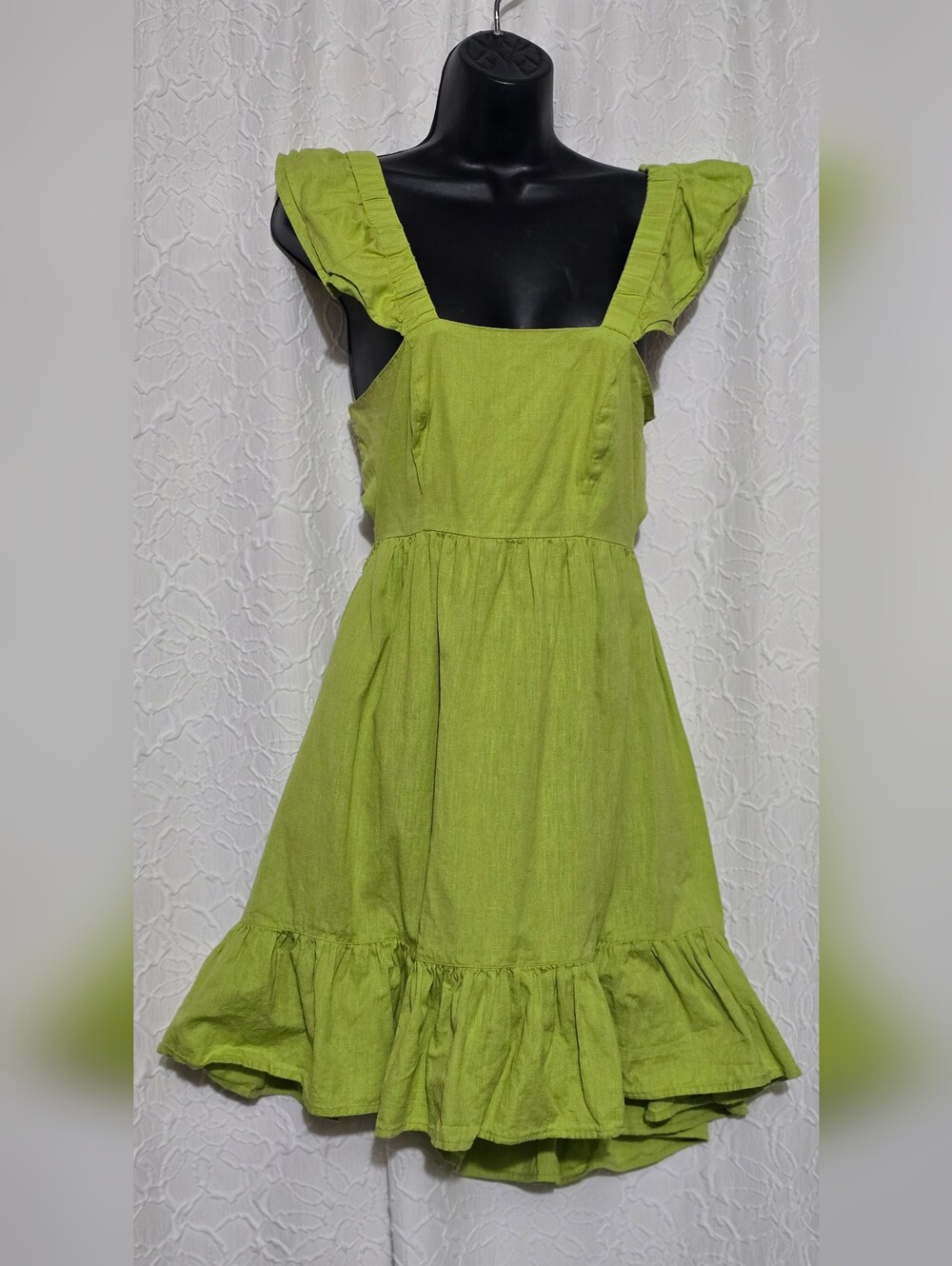 Dizzy Lizzy Mini Dress Womens L Green Cotton Ruffle Open Back Resort Beach